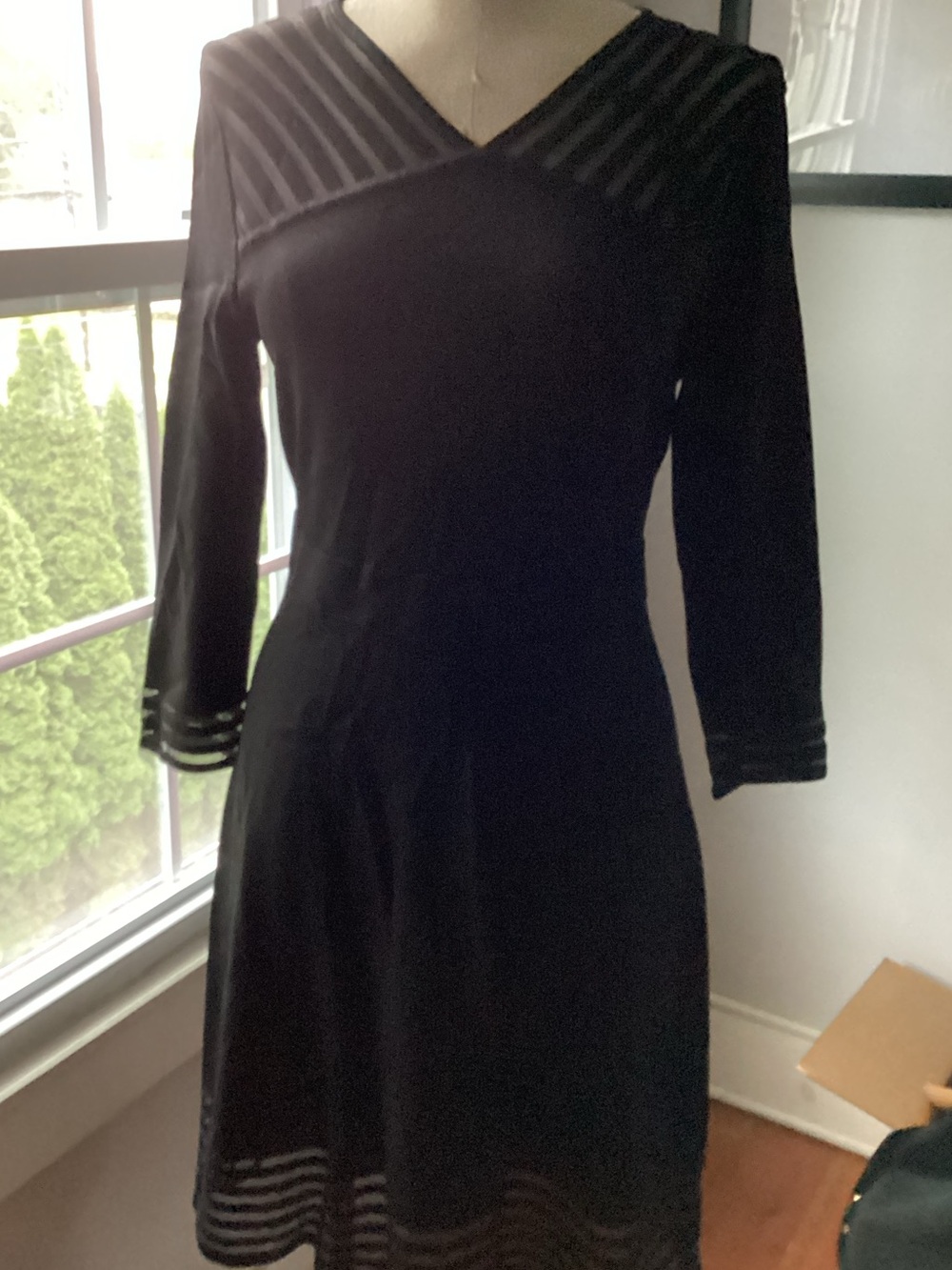 Calvin Klein Classic Black Dress - Elegant Sheer Stripe Accents
